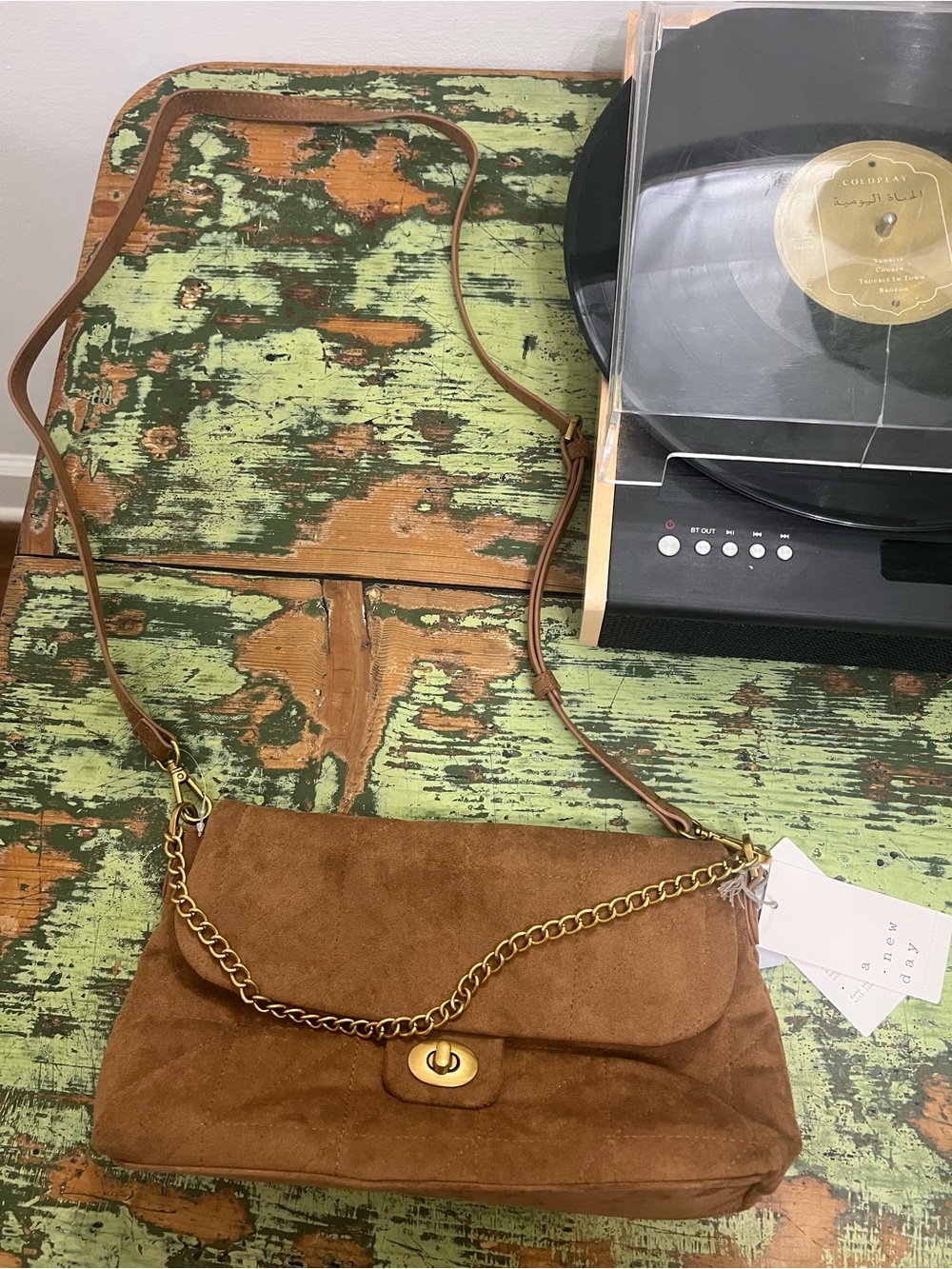 a new day Brown Suede Crossbody Bag with Gold Chain